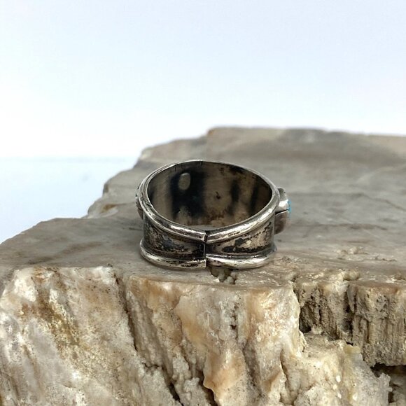 VTG Sterling Silver 925 Southwest Style Turquoise Coral 3 Stone Wide Band Ring - Picture 6 of 16